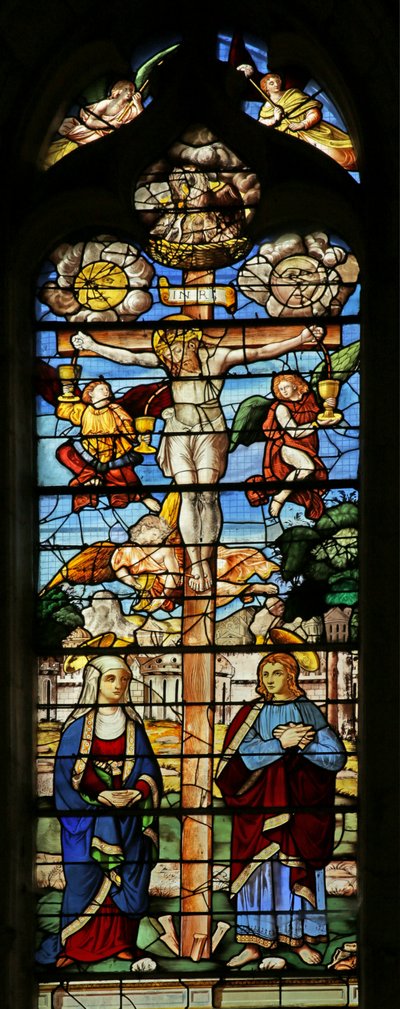 Window depicting the Crucifixion with Sun, Moon, Saint John, Virgin Mary, Angels and Chalices by French School